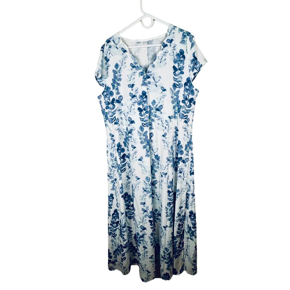 Floral Womens Sz XXL Caftan Muumuu Maxi Dress Tall White Blue Cover Up